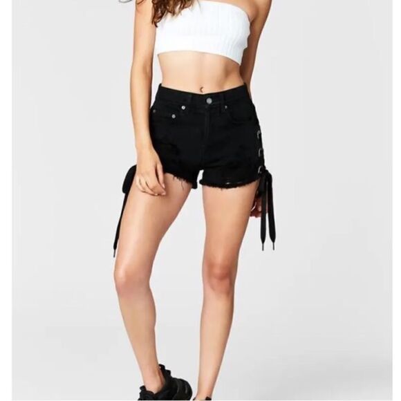 LF Carmar High Waist Side Lace Denim Jean Shorts - Picture 2 of 12